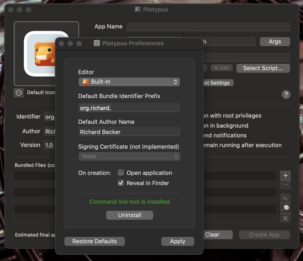 Ansicht des Platypus-Fensters, in dem in den Einstellungen zu sehen ist, dass das Command line tool installiert ist.