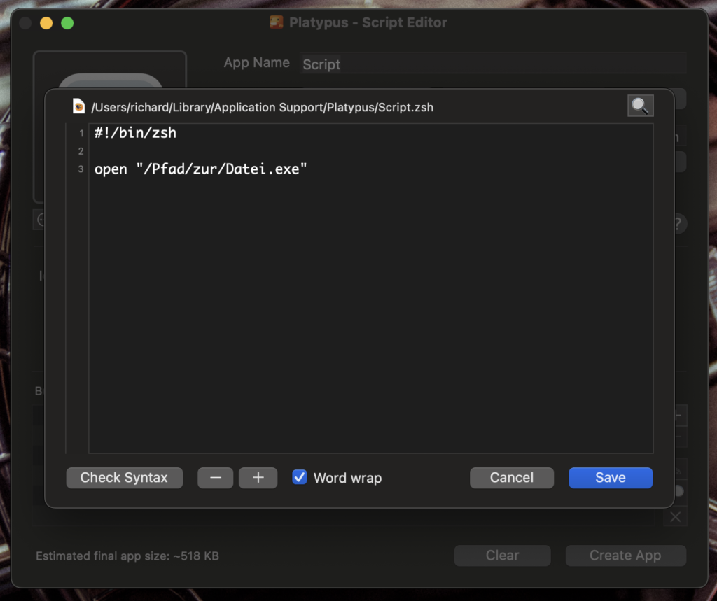 Ansicht des Platypus-Programmfensters mit einem ZSH-Script.