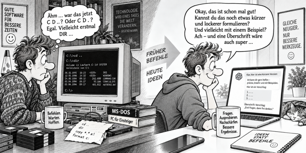 Schwarz-weißer Zeitungscartoon: Links sitzt ein Nutzer ratlos vor einem alten DOS-PC mit kryptischen Befehlen, rechts arbeitet er entspannt mit einem modernen Laptop und einer KI im Dialog. Ein Pfeil verbindet beide Szenen und zeigt den Wandel von starren Computerbefehlen hin zu Fragen, Ausprobieren und schrittweisem Verfeinern.